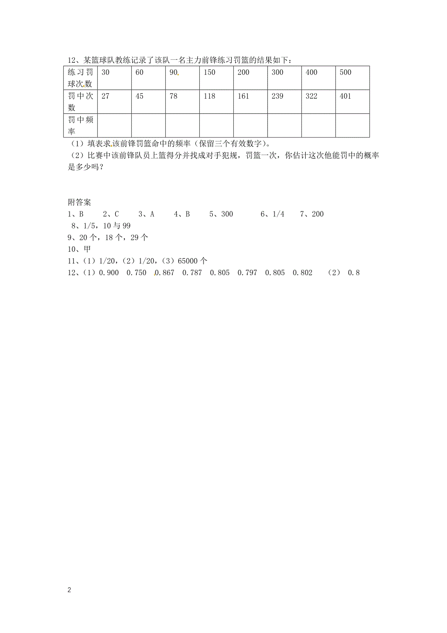 2012年秋九年级数学上册 25.3利用频率估计概率配套练习 新人教版_第2页