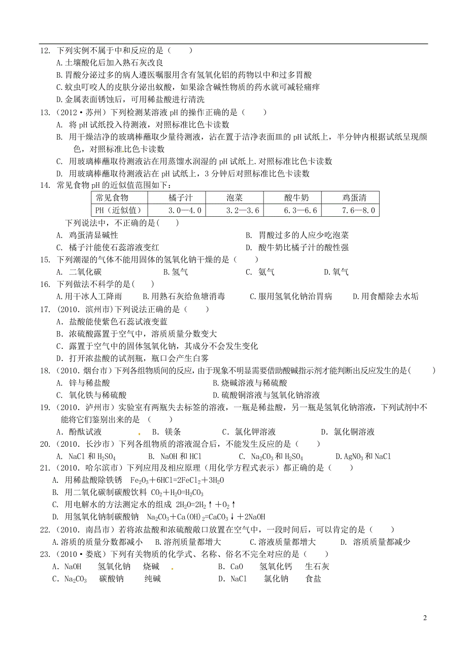 2012年秋九年级化学全册 第七单元 常见的酸和碱测试题 鲁教版_第2页