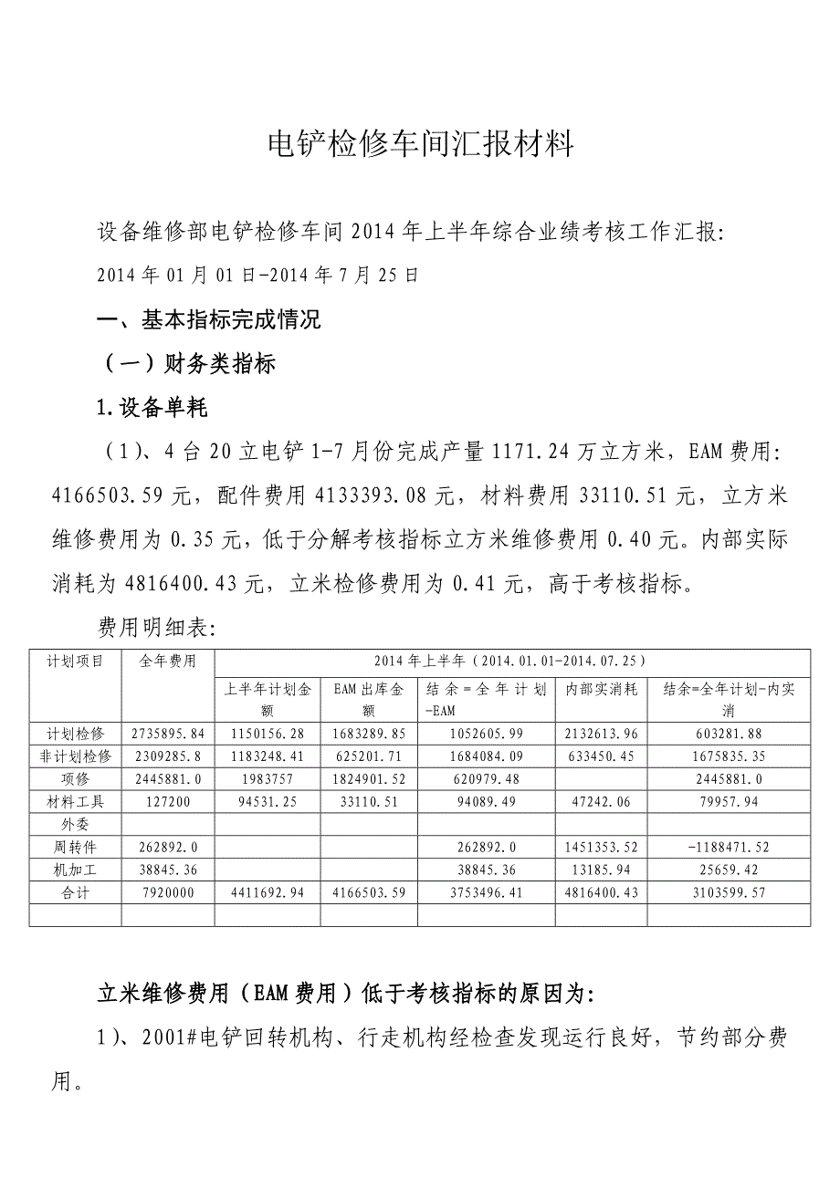 设备维修部电铲检修车间综合业绩考核工作汇报2014.8.18_第1页