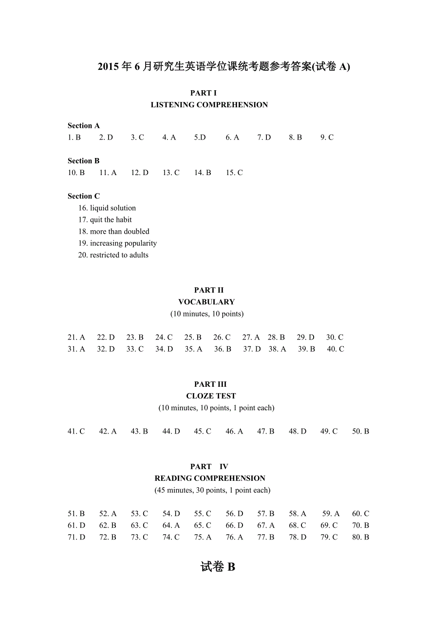 2015年6月研究生英语学位课统考题参考答案_第1页