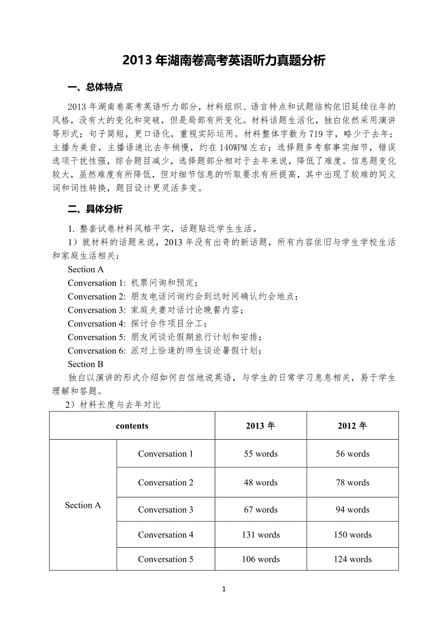 2013年湖南卷高考英语听力真题分析_第1页