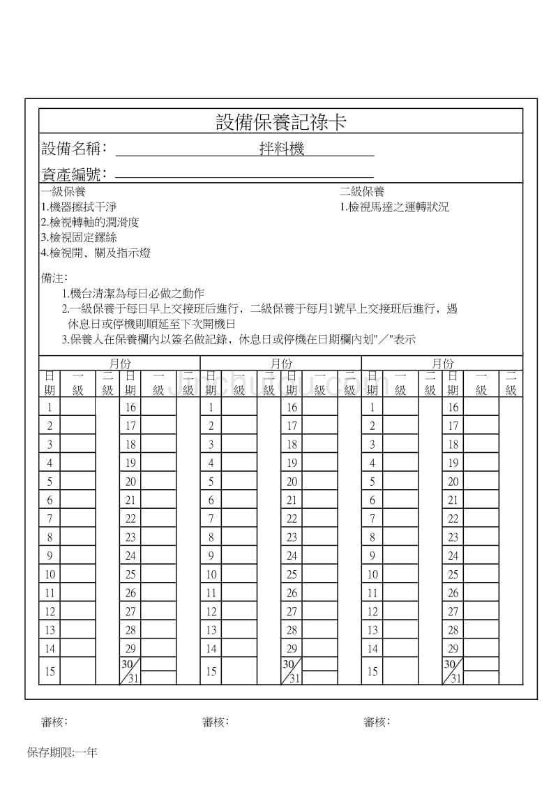 拌料机每日点检保养记录卡_第1页