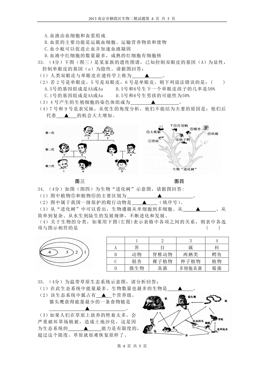 2014年南京市栖霞区生物二模试题_第4页