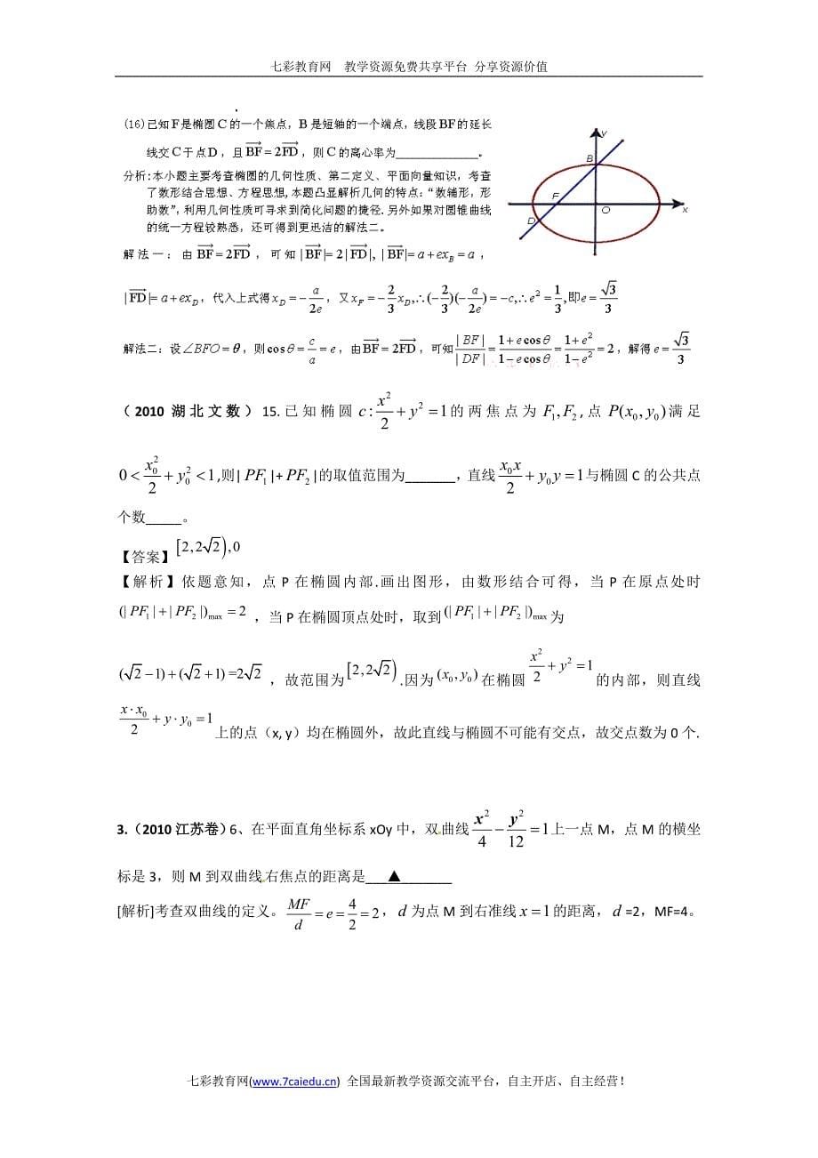 2010年高考数学填空试题分类汇编——圆锥曲线_第5页