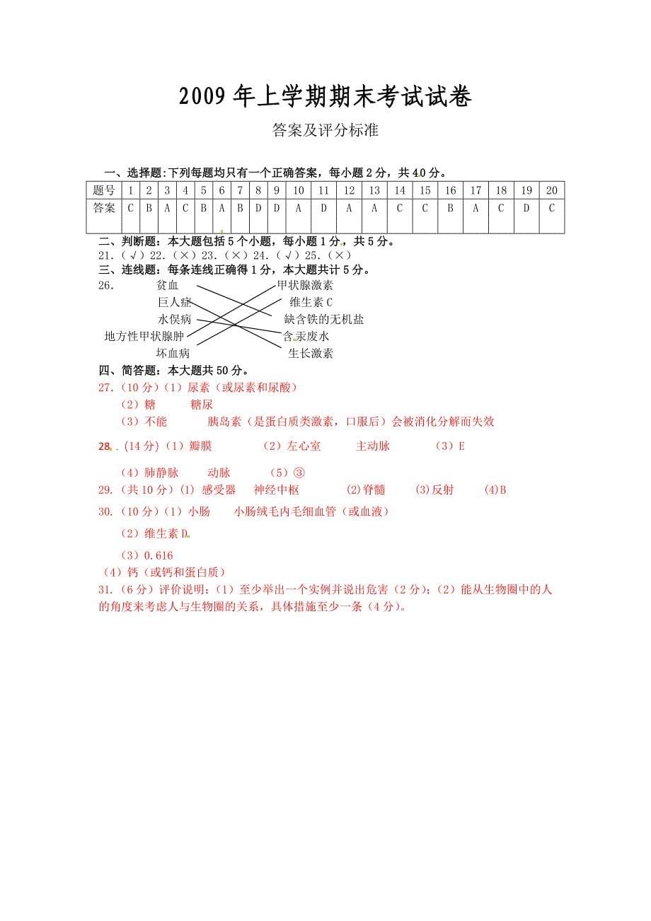 人教版七年级上册生物期末考试题及答案_第5页