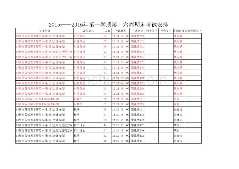 学生第十六周2015-2016年第一学期期末考试安排_第1页