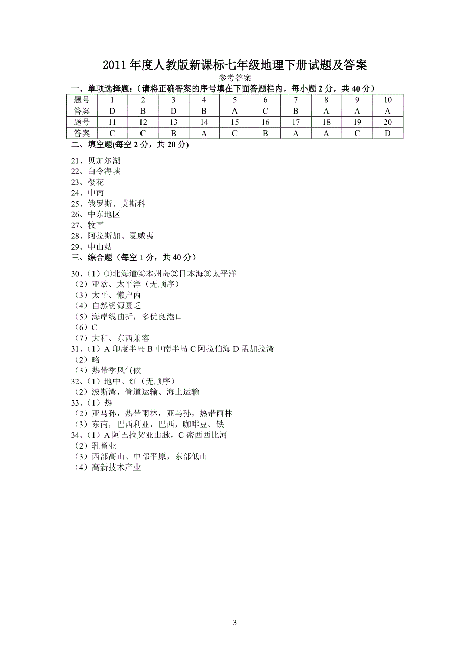 人教版新课标七年级地理下册A试题及答案[1]_第3页