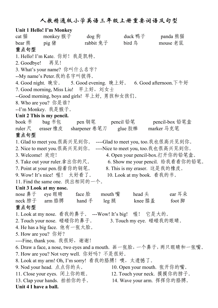 人教精通版小学英语三年级上册重要词语及句型_第1页