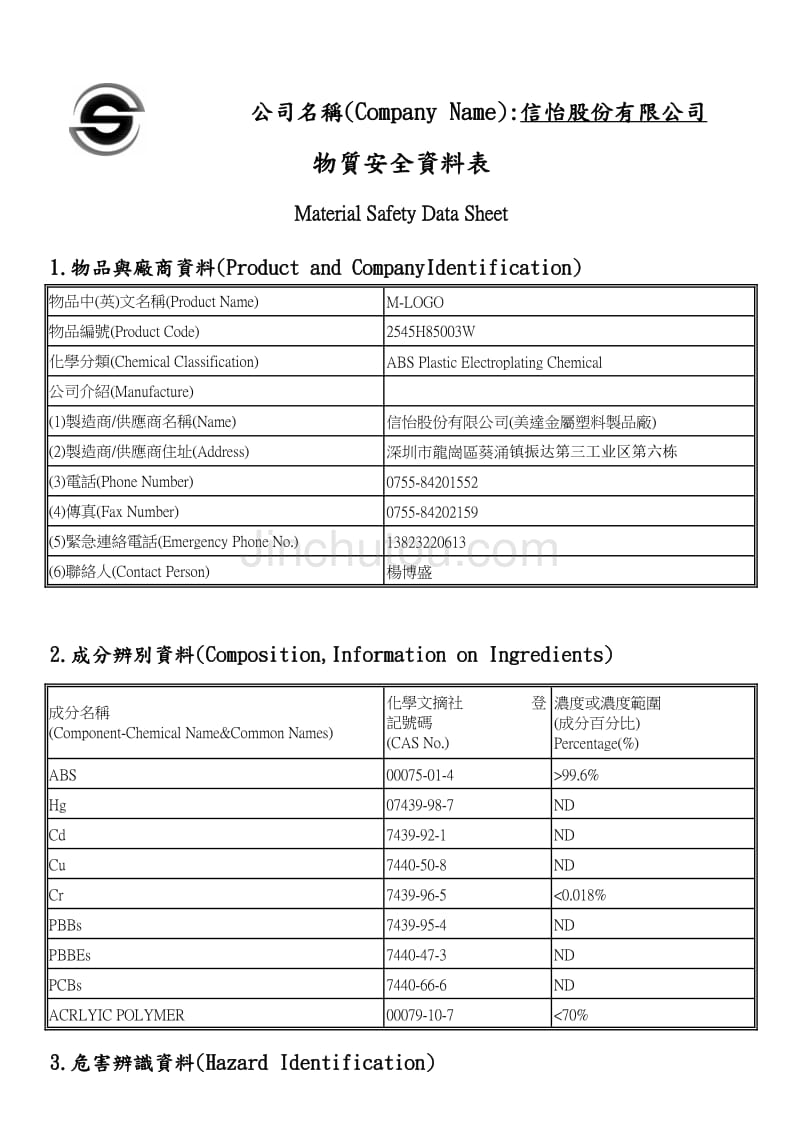 电镀MSDS_第1页