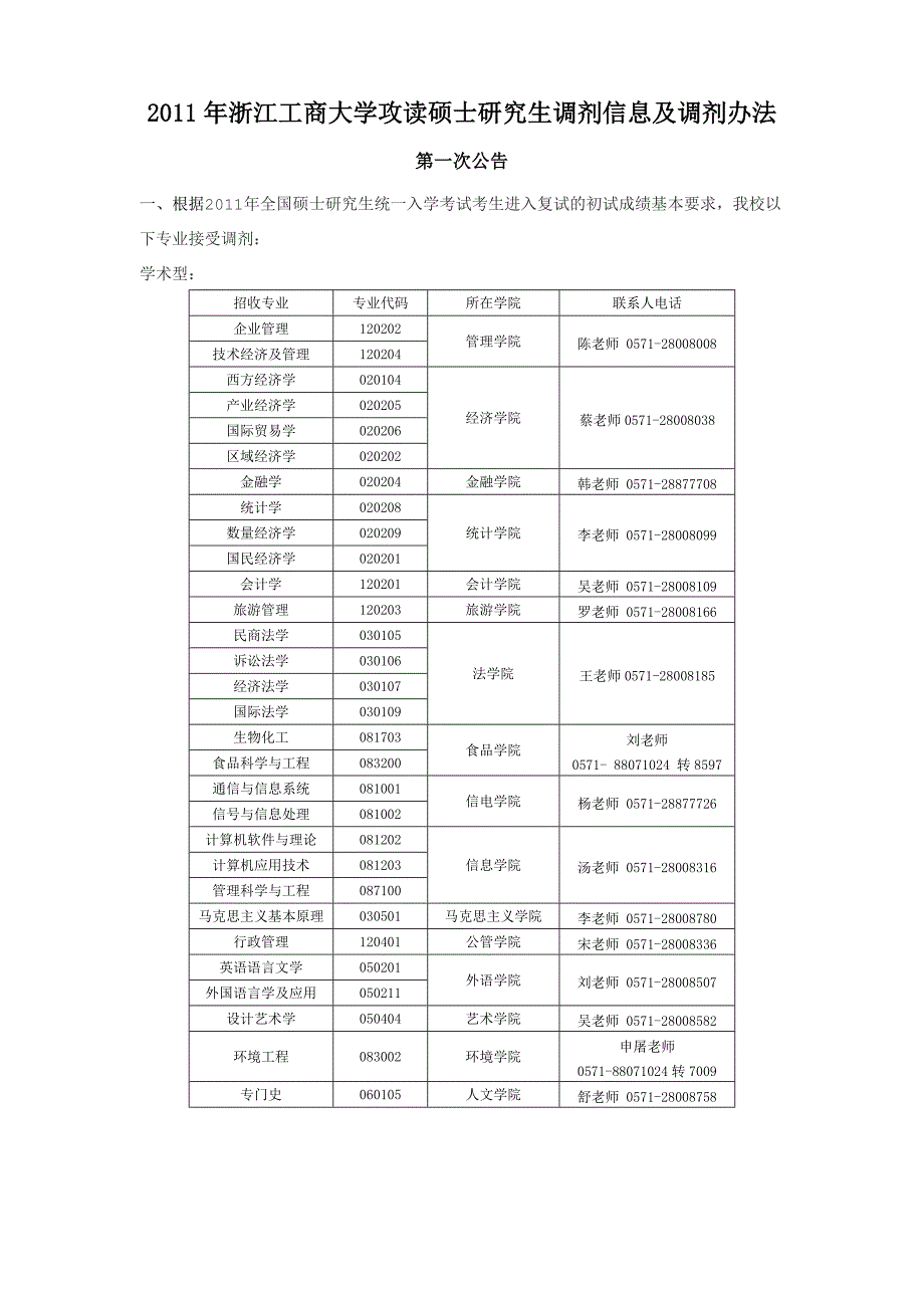 2011年浙江工商大学攻读硕士研究生调剂信息及调剂办法2011.9.5_第1页