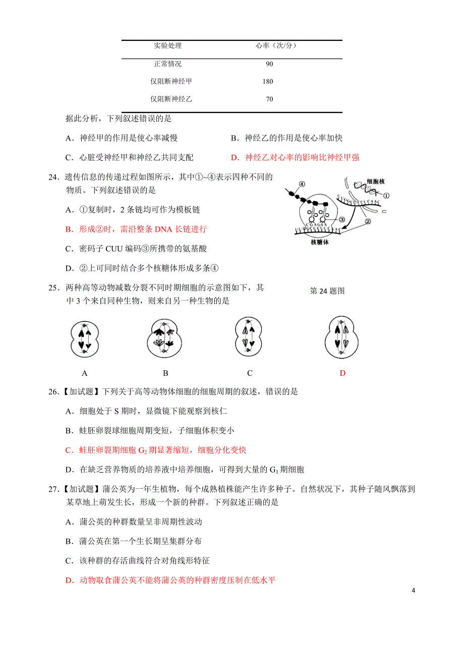 2016年4月浙江省普通高校招生选考科目考试生物试题（已经校对，可以直接拿去用）_第4页