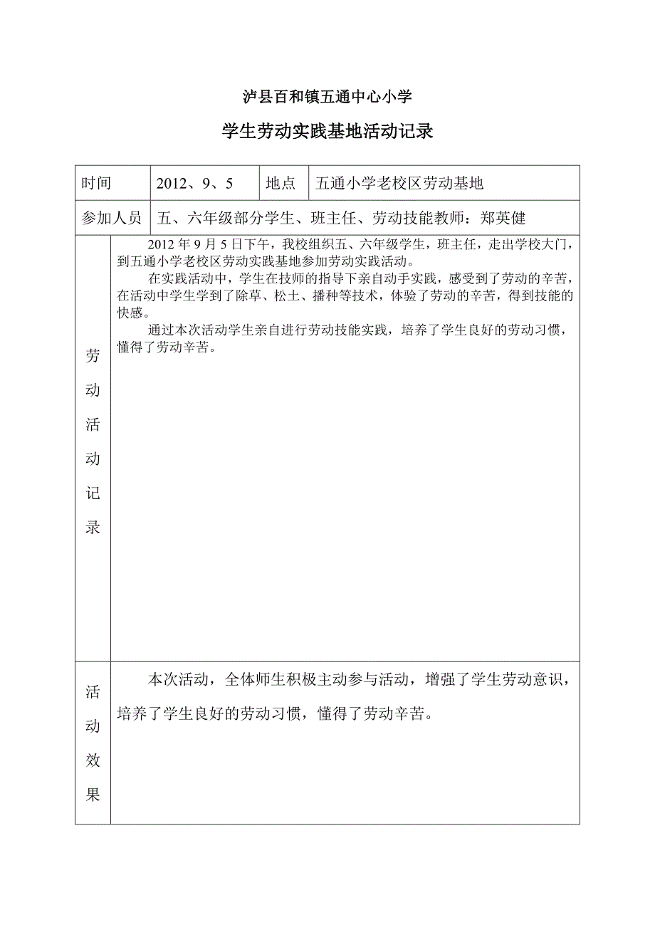 五通小学学生学生劳动实践基地活动记录_第1页