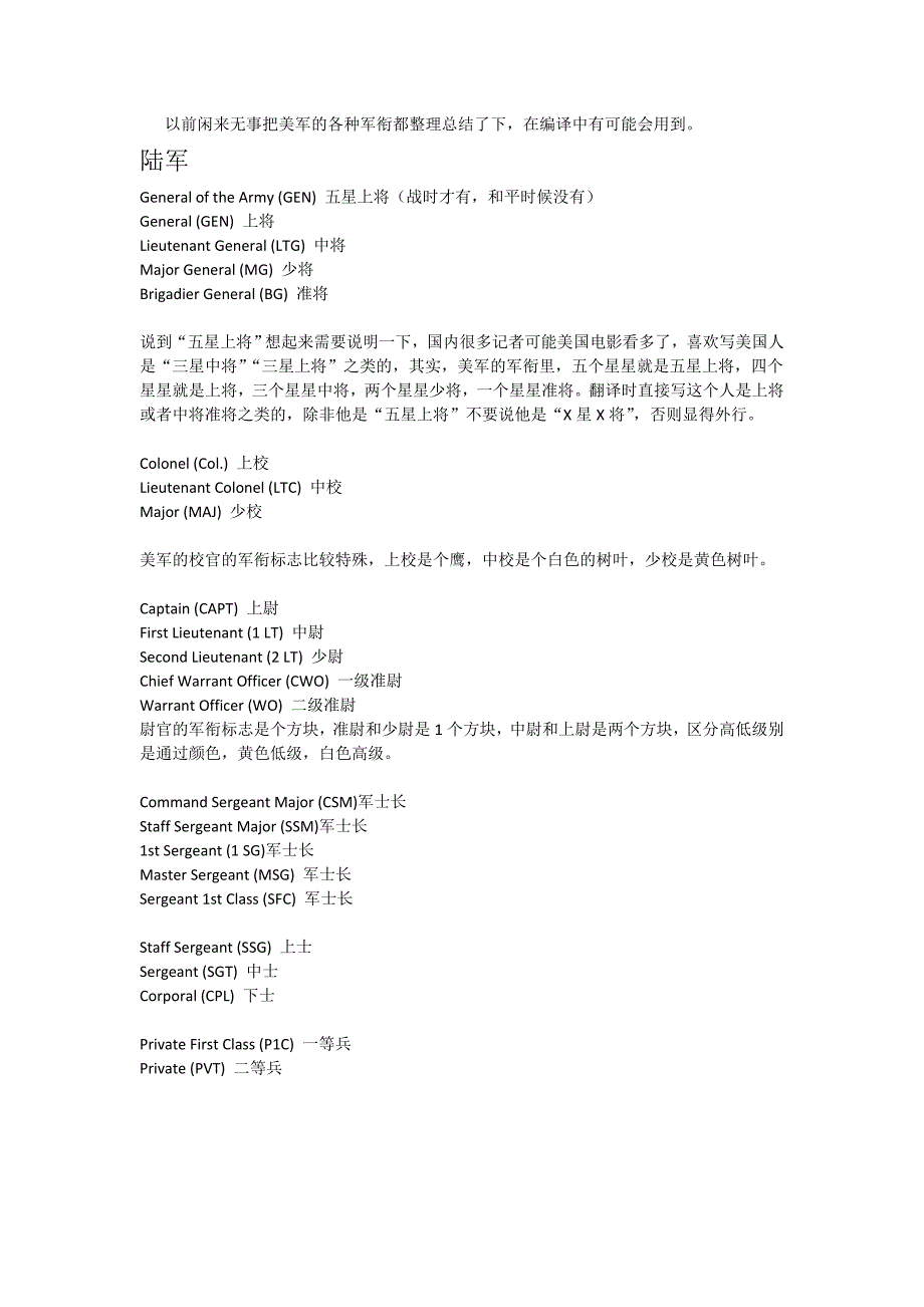 美军翻译军衔及简称_第1页