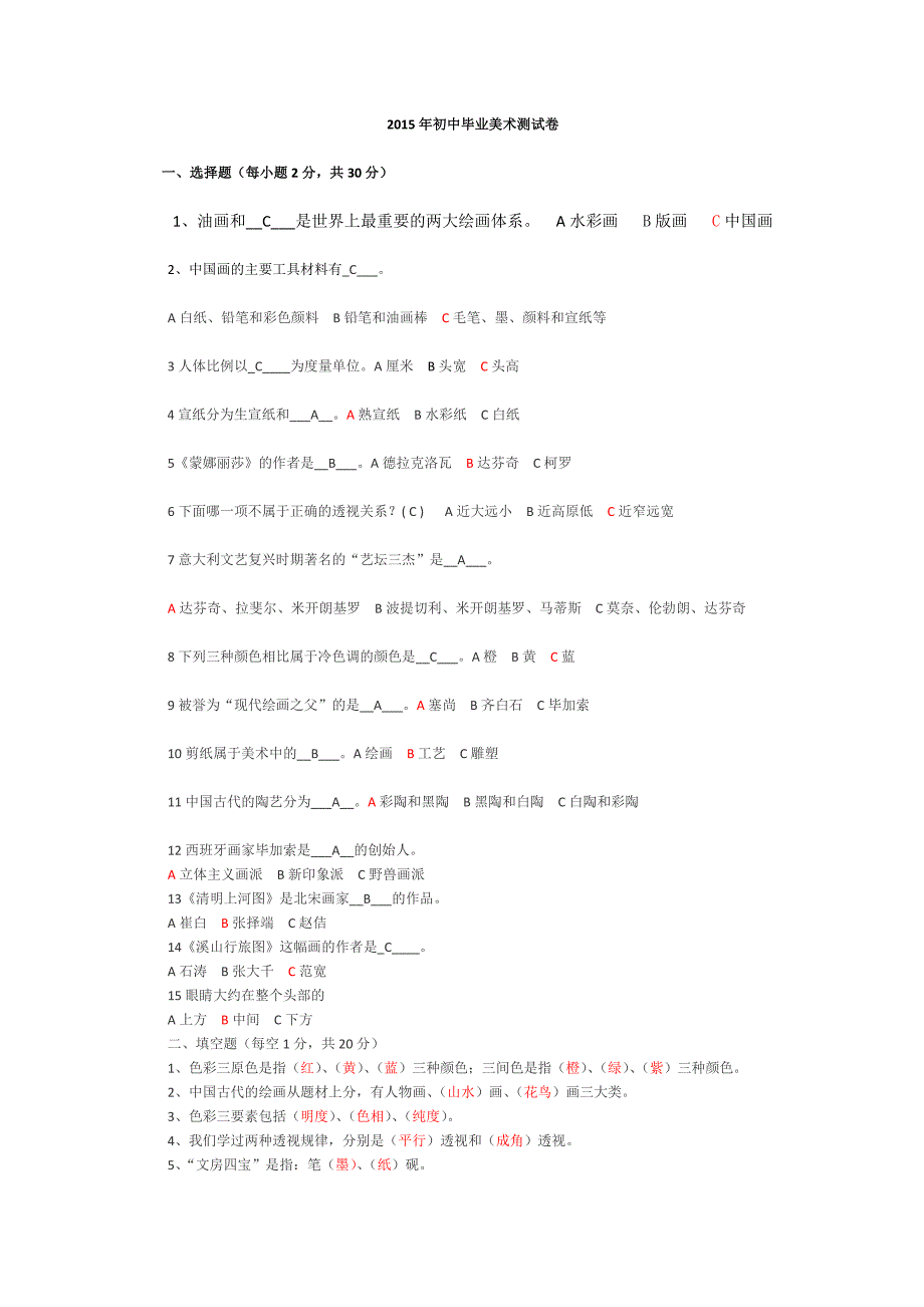 2015年初中毕业美术测试卷[1]_第1页