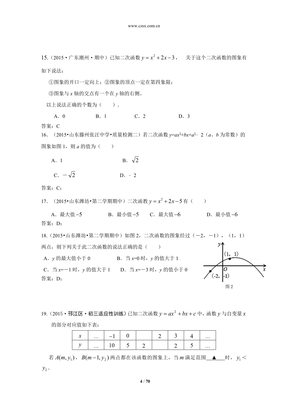 2015年全国各地中考数学模拟试卷精选汇编10：二次函数(含答案)_第4页