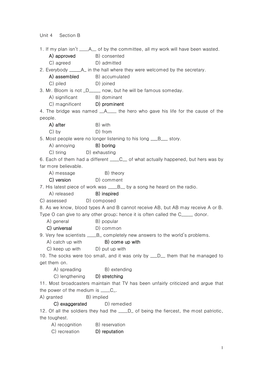 大学英语四级词汇单项选择题_第1页