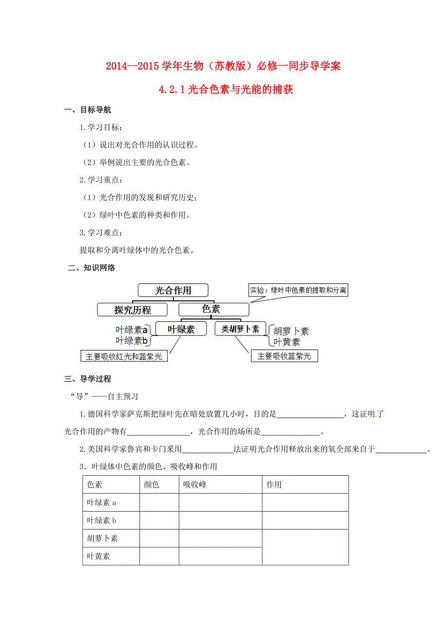 2014-2015学年高中生物 4.2.1 光合色素与光能的捕获同步导学案 苏教版必修1_第1页