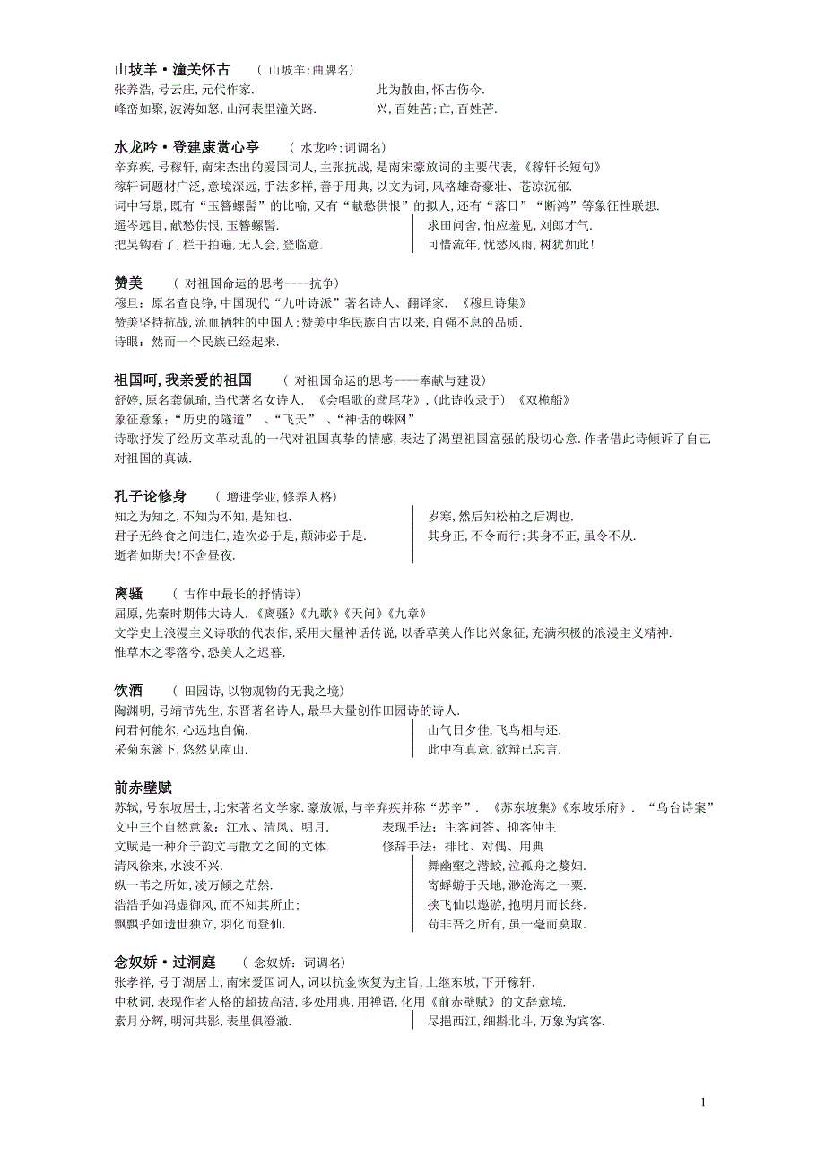 专插本大学语文诗歌-背诵知识点_第1页