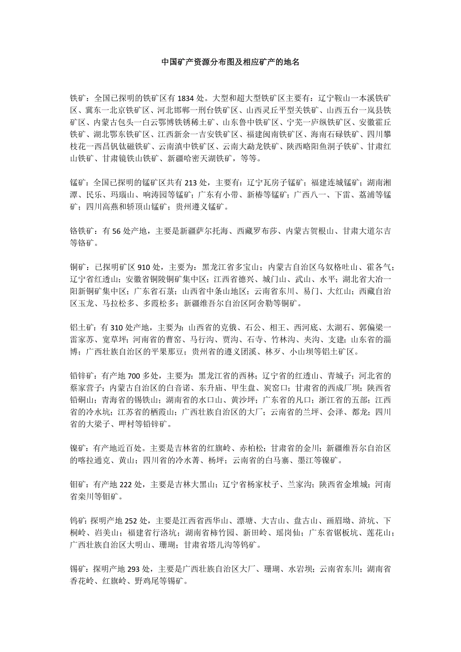 中国矿产资源分布图及相应矿产的地名_第1页