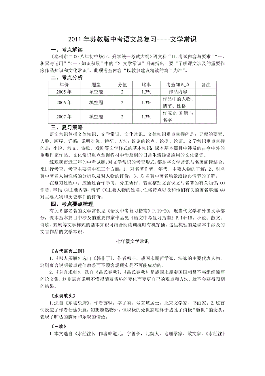 2011年苏教版中考语文总复习——文学常识_第1页