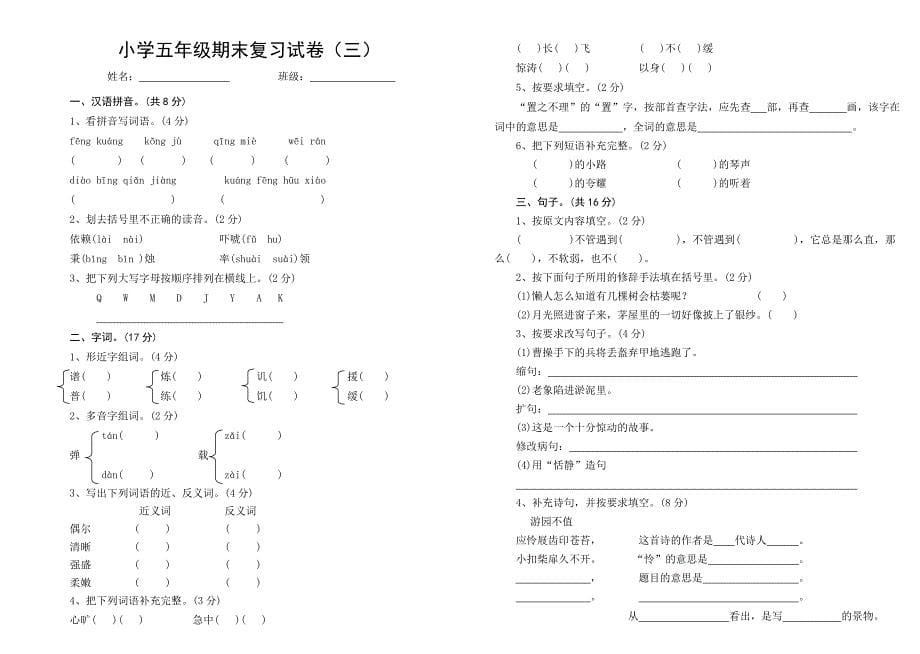 2006年小学五年级期末检测试卷_第5页