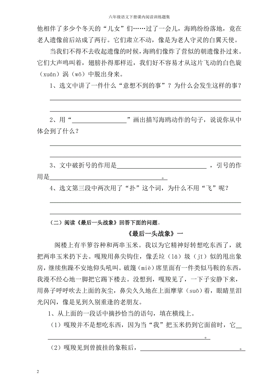 2013六年级下册语文课内阅读训练_第2页