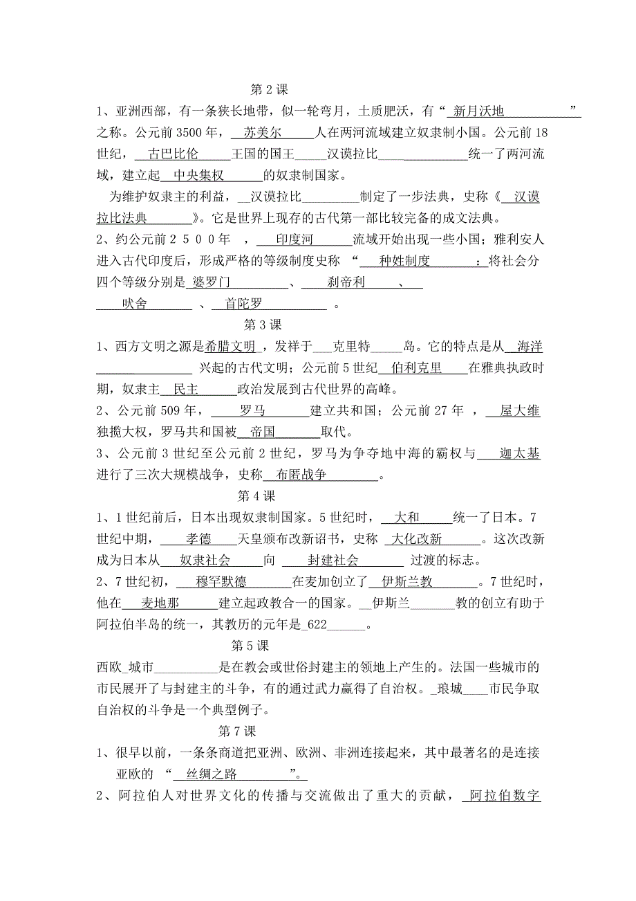 2016人教版九年级历史上册知识点填空(带答案)_第1页