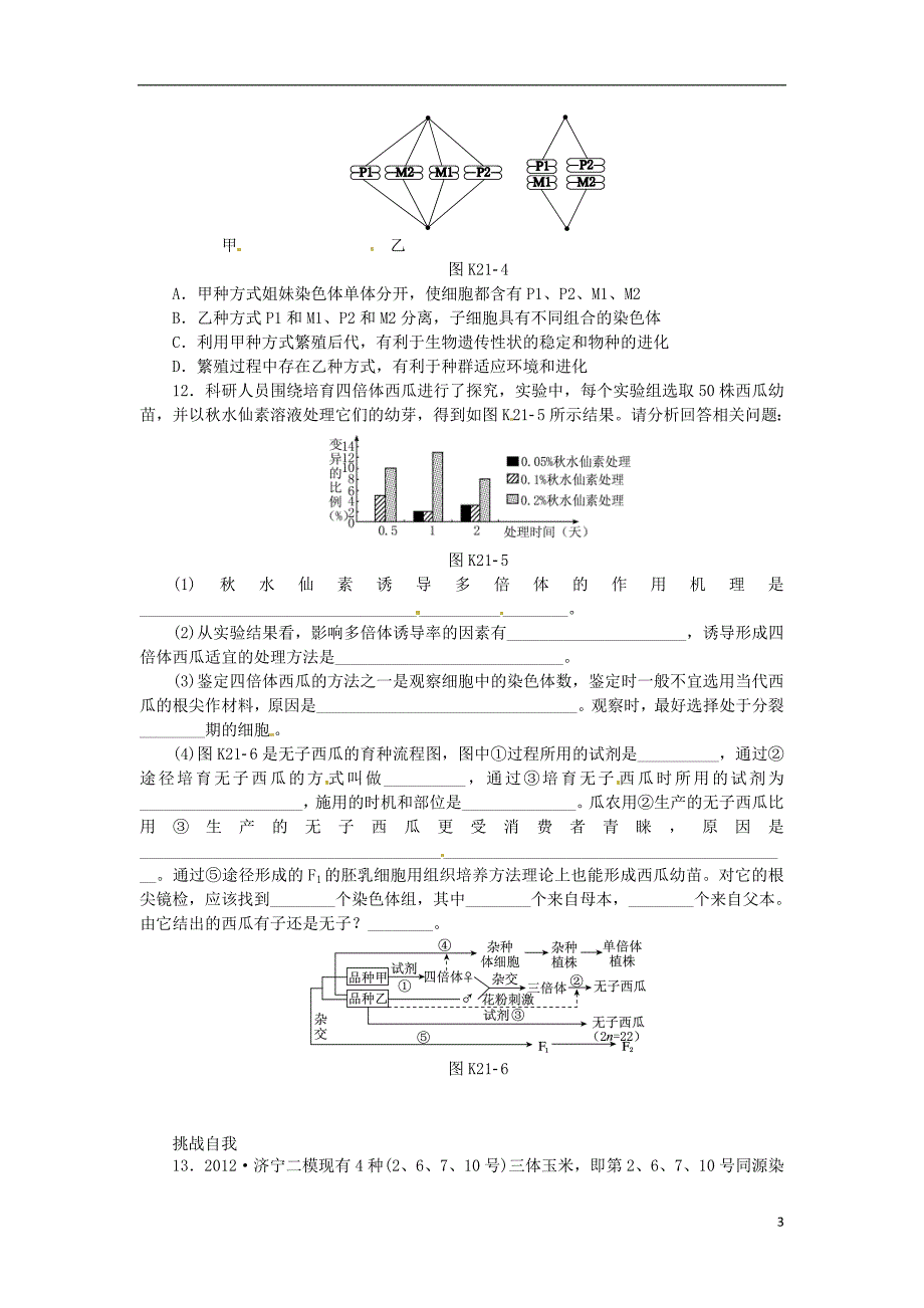 2014高考生物一轮必备（基础训练+提升训练+挑战训练）第21讲 染色体变异 新人教版_第3页