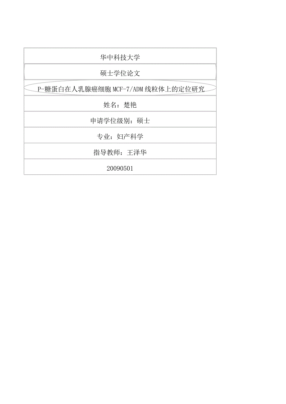 P-糖蛋白在人乳腺癌细胞MCF-7ADM线粒体上的定位研究（毕业设计-妇产科学专业）_第1页