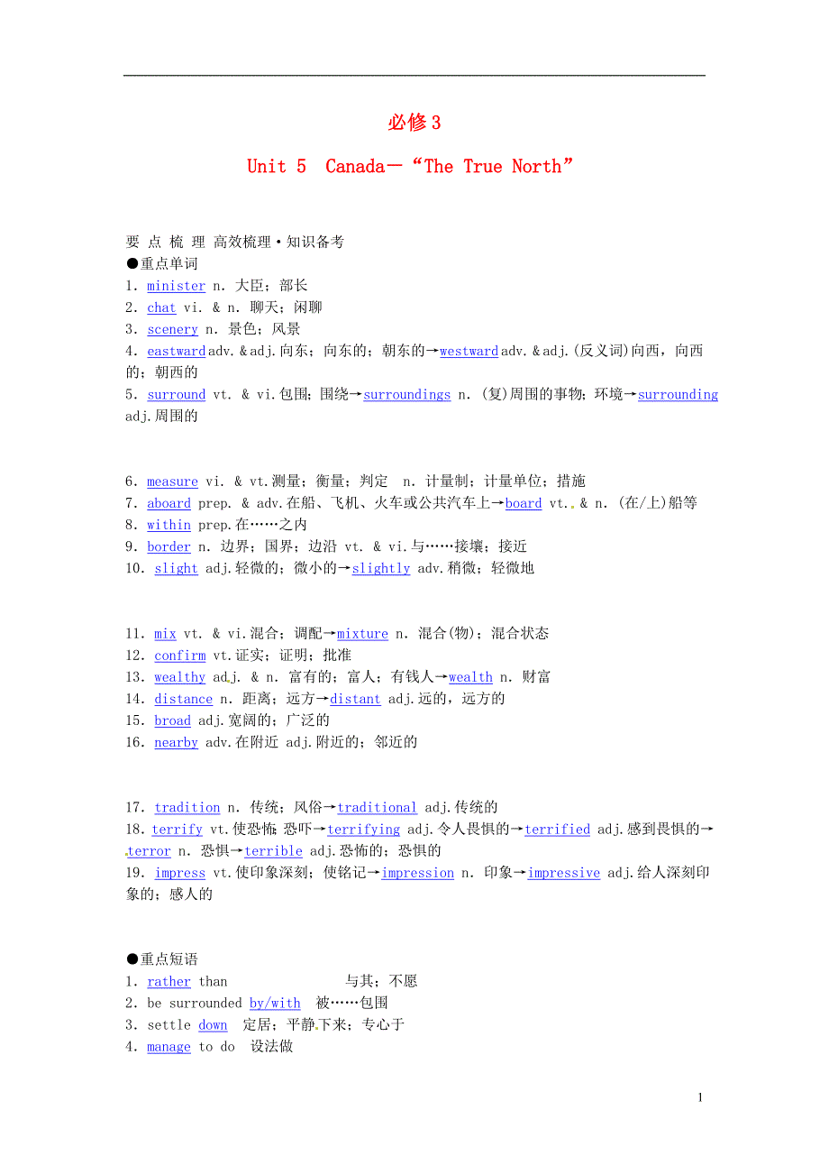 2014高考英语一轮复习 Unit 5 《Canada－“The True North”》重点梳理现题解析 新人教版必修3_第1页