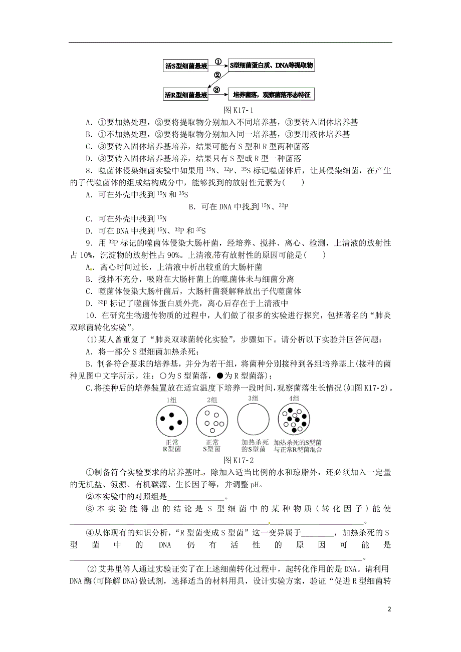 2014高考生物一轮必备（基础训练+提升训练+挑战训练）第17讲 DNA是主要的遗传物质 新人教版_第2页