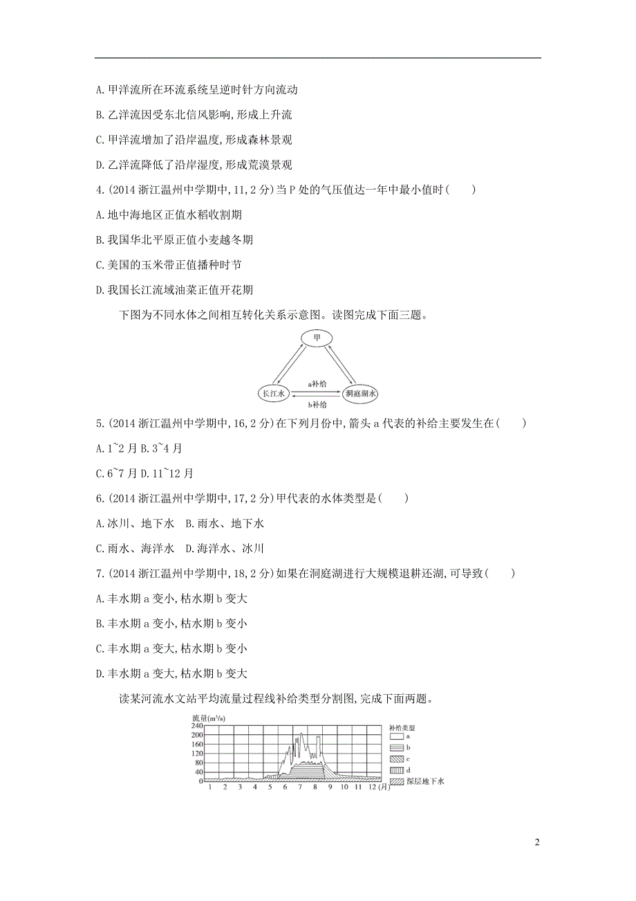 2015高考地理一轮复习 第4单元 地球上的水练习_第2页