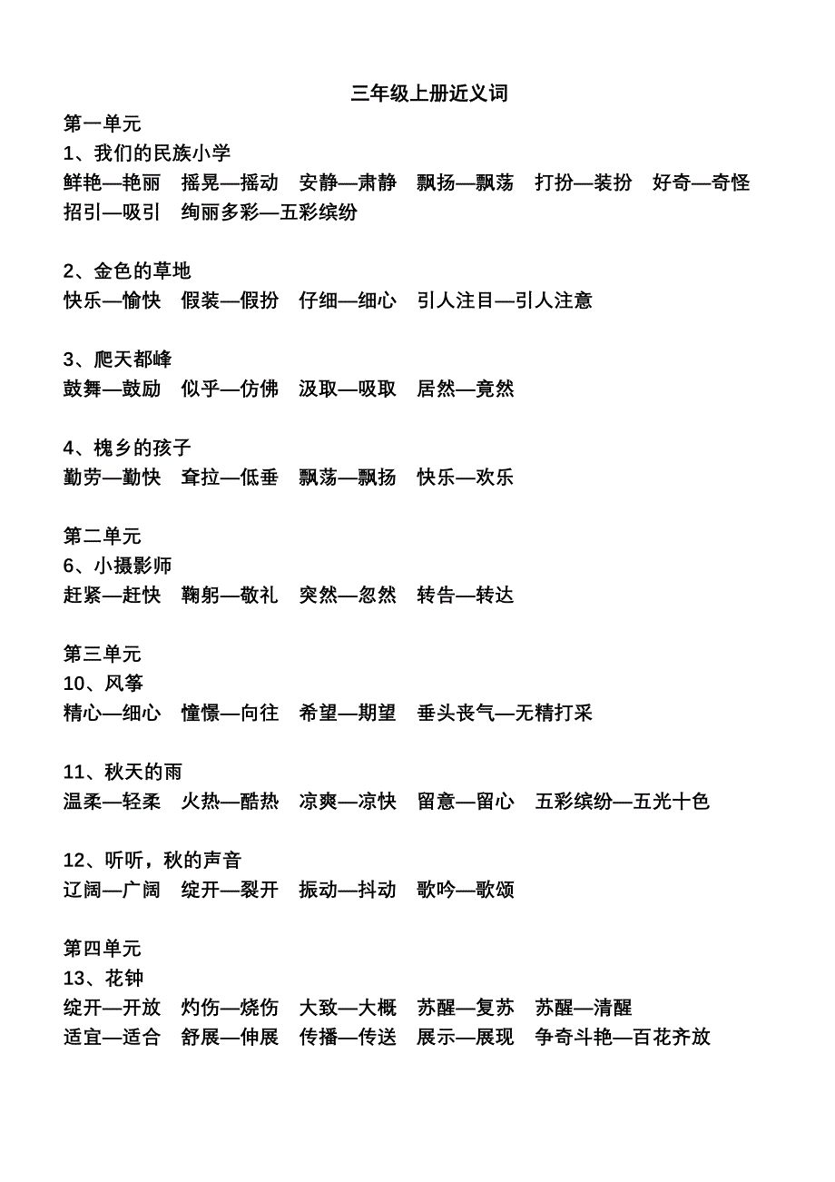 三年级上册近义词反义词多音字_第1页