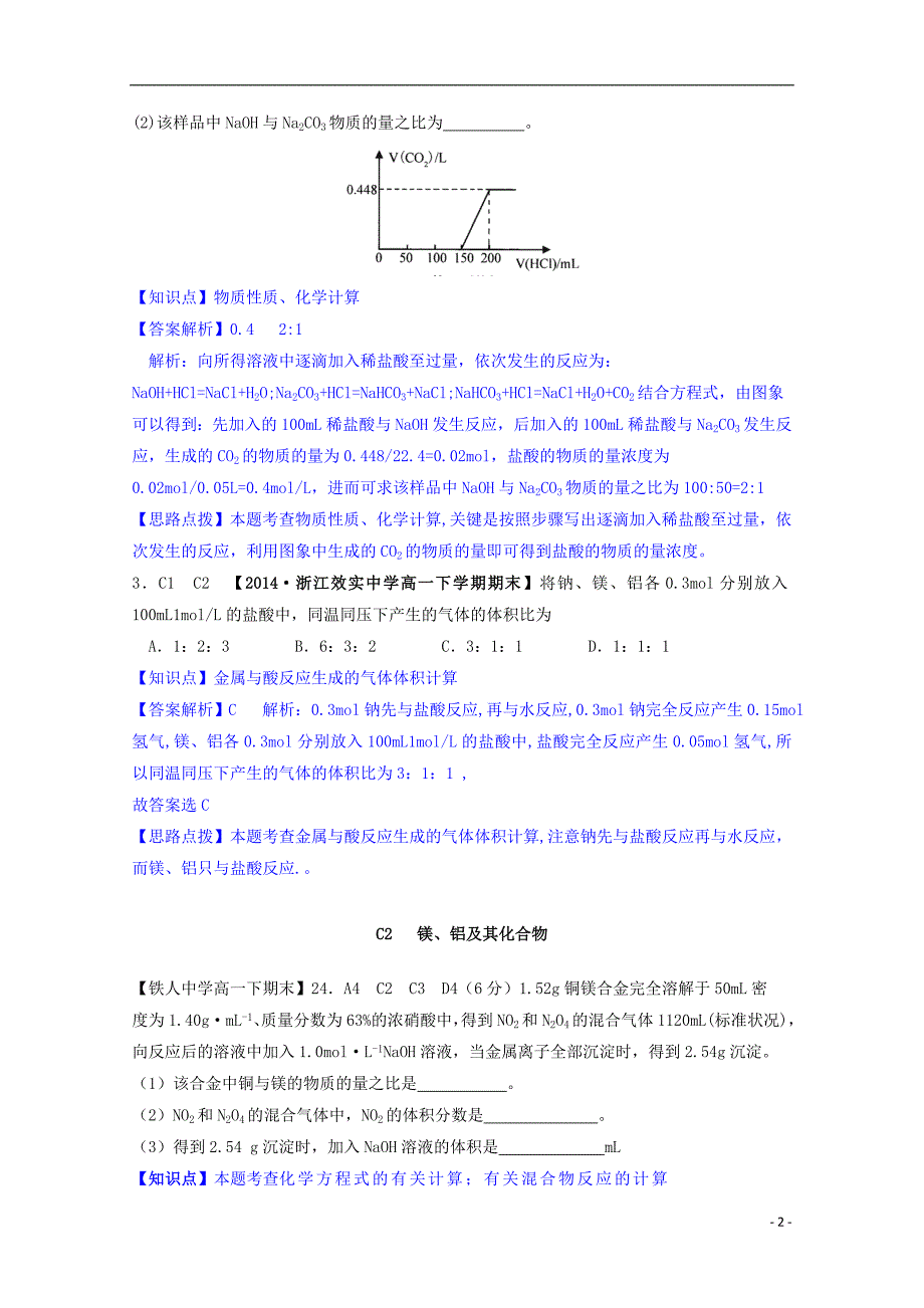 【备考2015】2014全国名校高考化学 试题分类汇编 C单元 金属及其化合物_第2页