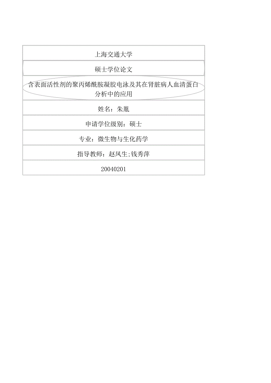 含表面活性剂的聚丙烯酰胺凝胶电泳及其在肾脏病人血清蛋白分析中的应用（毕业设计-微生物与生化药学专业）_第1页