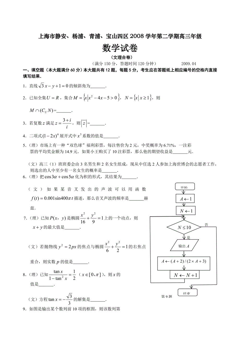 上海市静安、杨浦、青浦、宝山四区2008学年第二学期高三年级数学试题（文理合卷）_第1页