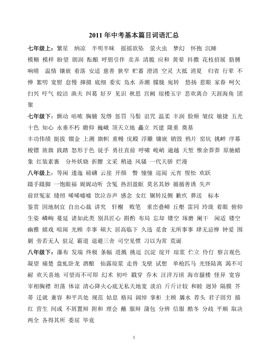 2011年中考基本篇目词语汇总_第1页