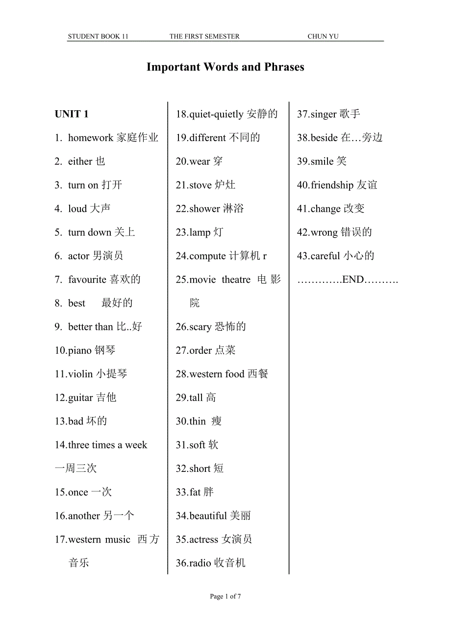 小学英语六年级上册单词重点(有翻译)_第1页