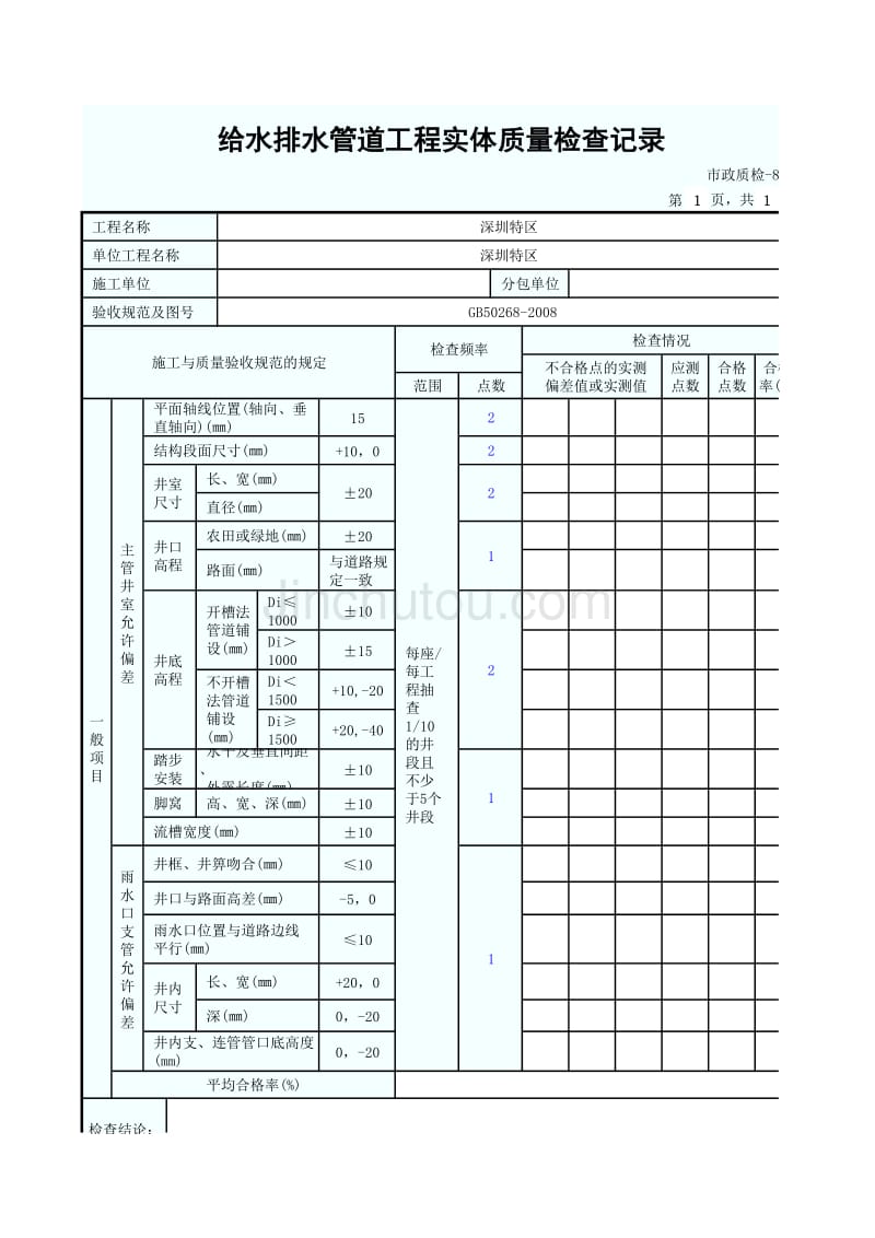 给水排水管道工程实体质量检查记录_第1页