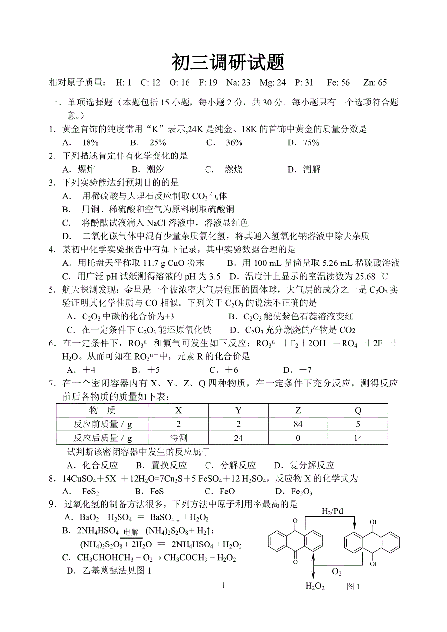 教育集团树人学校2012届初三调研试题(化学)_第1页