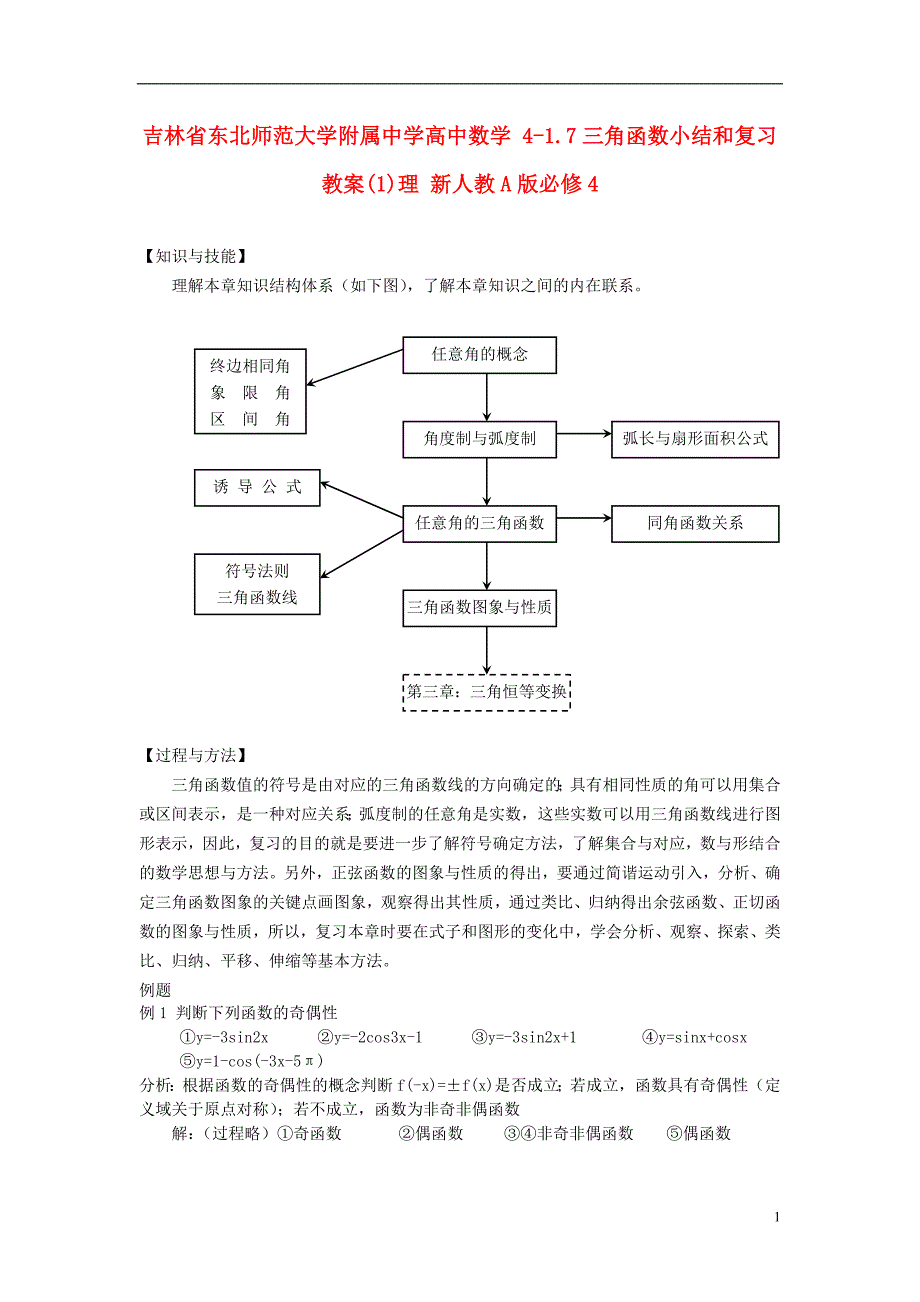 吉林省高中数学 1.7三角函数小结和复习教案(1)理 新人教A版必修4_第1页