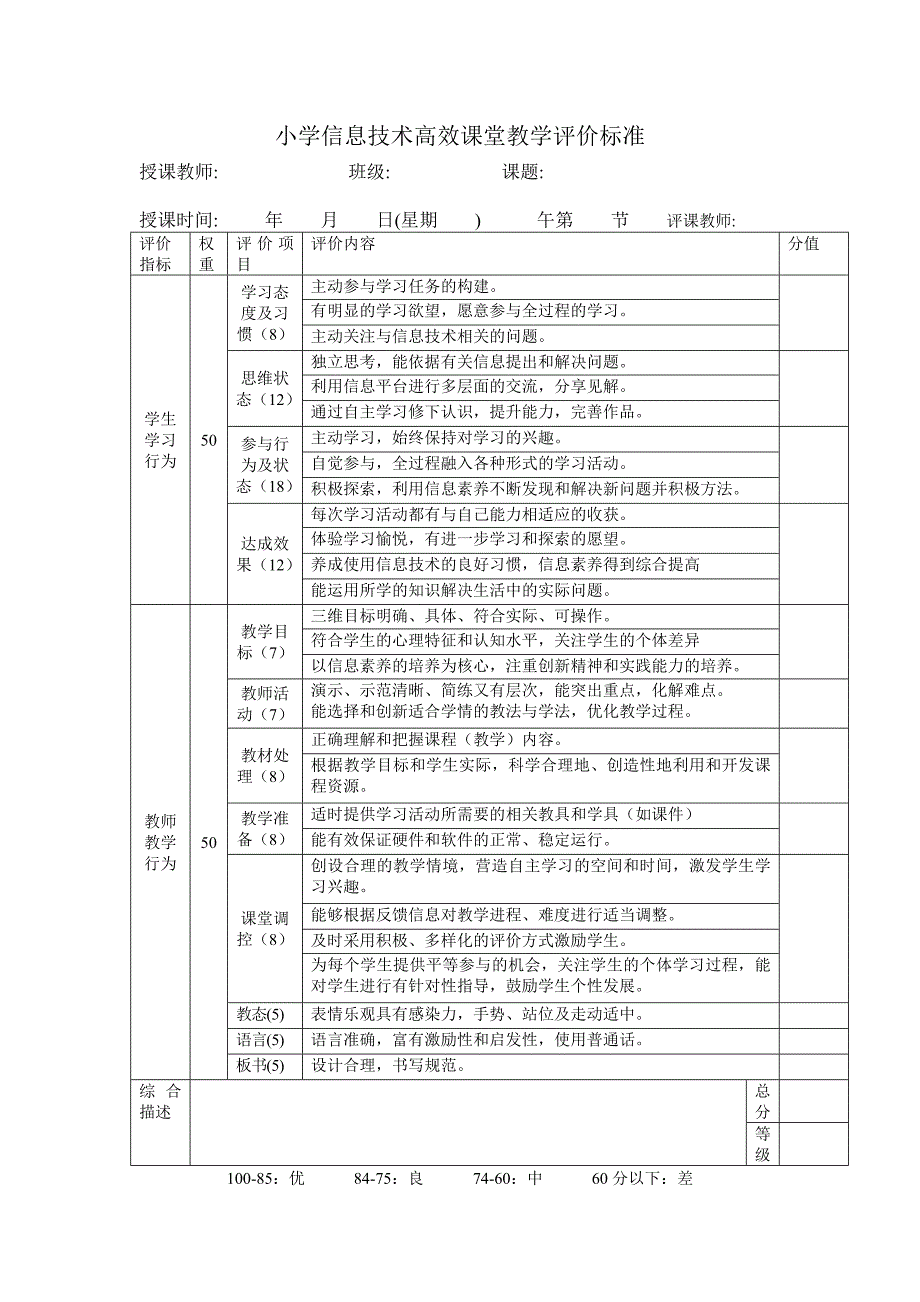 小学信息技术高效课堂教学评价标准_第1页