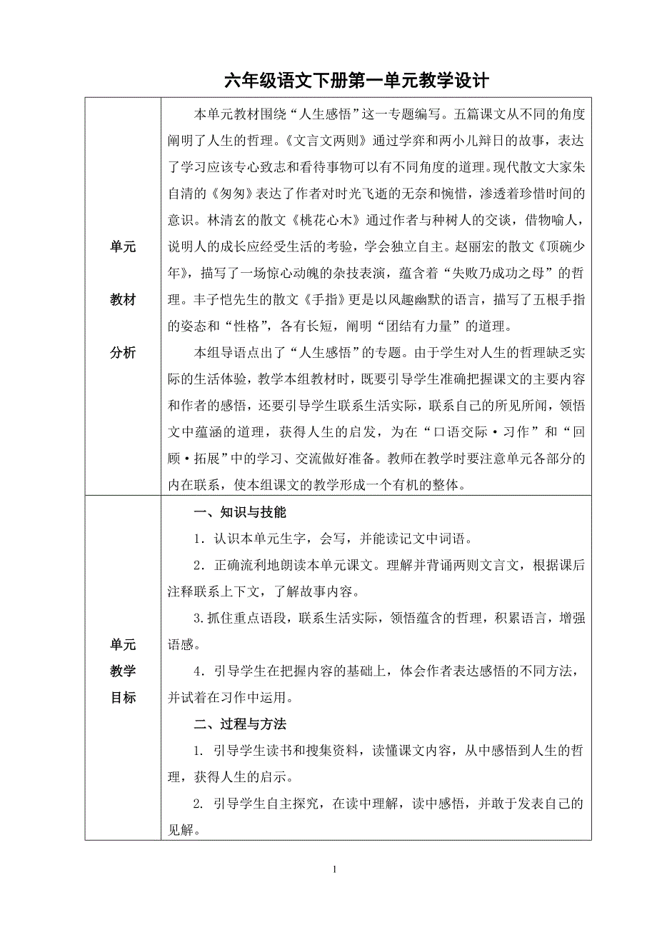 小学六年级语文下册(人教版)第一单元表格式教案_第1页