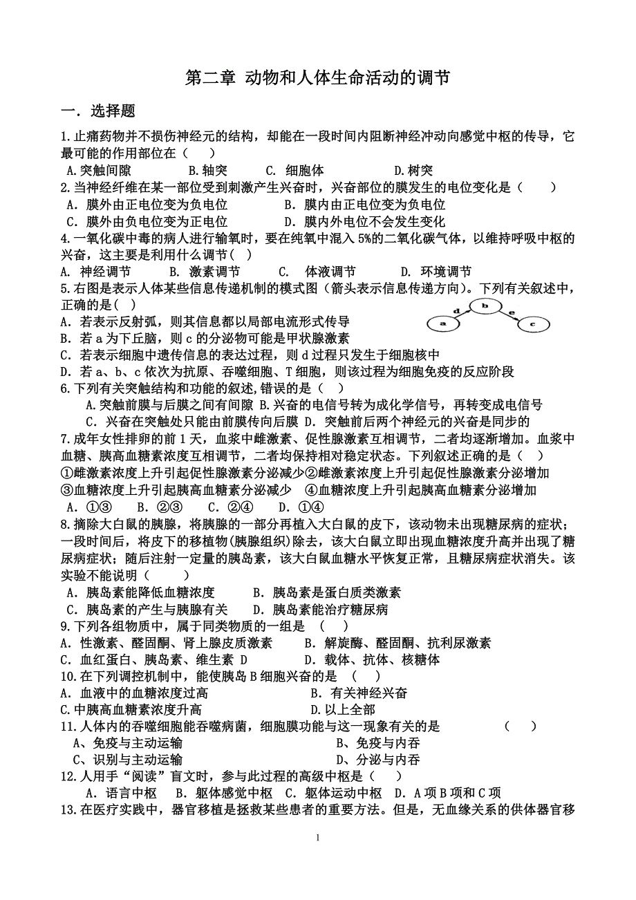 第2章-动物和人体生命活动的调节-测试题_第1页