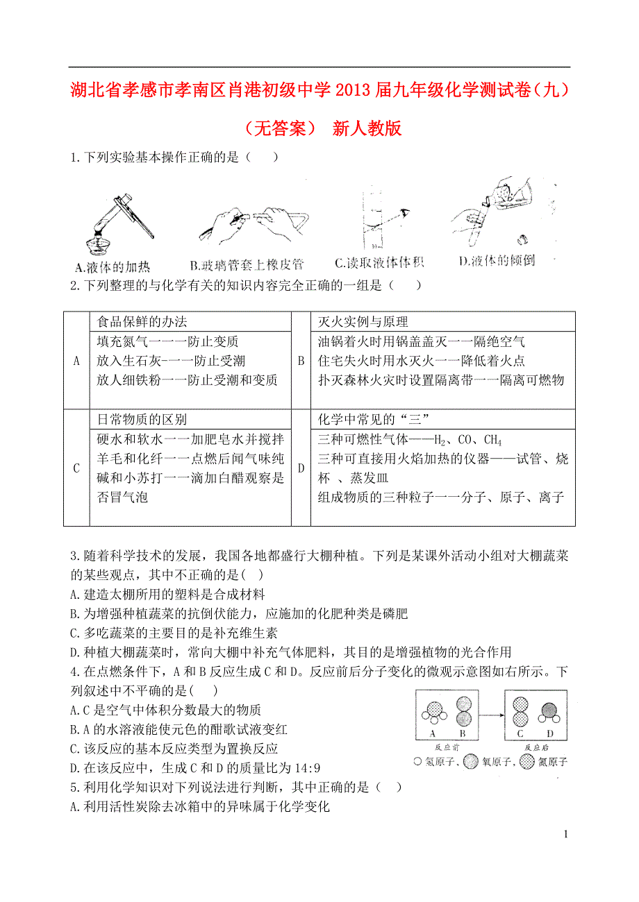 湖北省孝感市孝南区肖港初级中学2013届九年级化学测试卷(九)_第1页