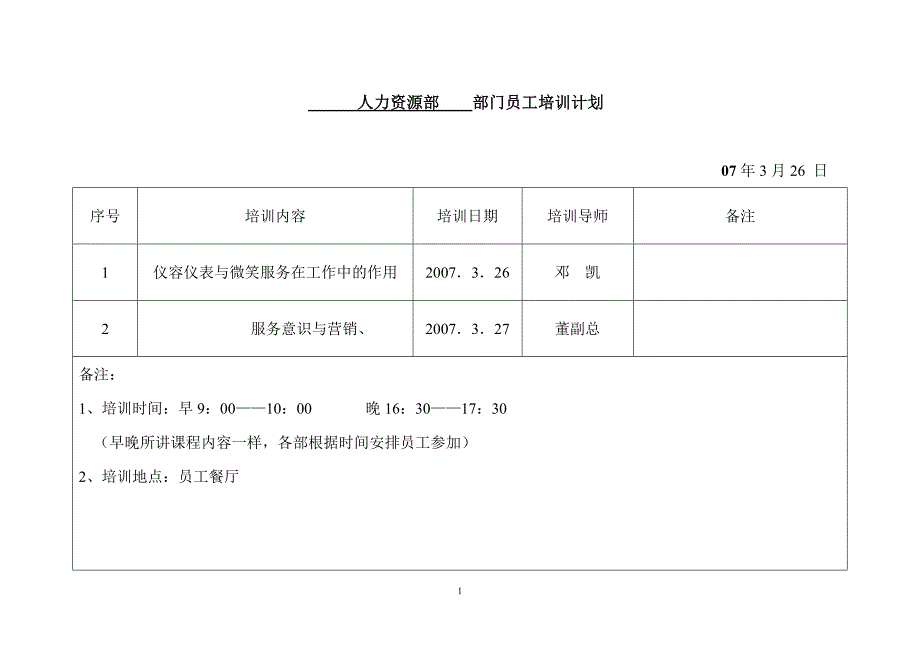 人力资源部    部门员工培训计划_第1页