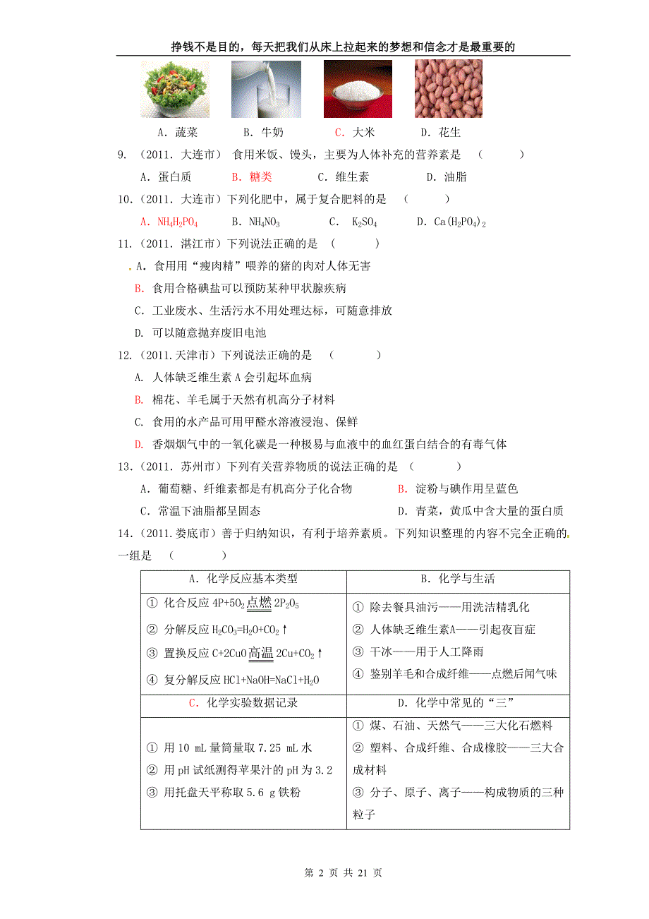 2012年中考化学试题汇编第十二单元——化学与生活平时练习_第2页