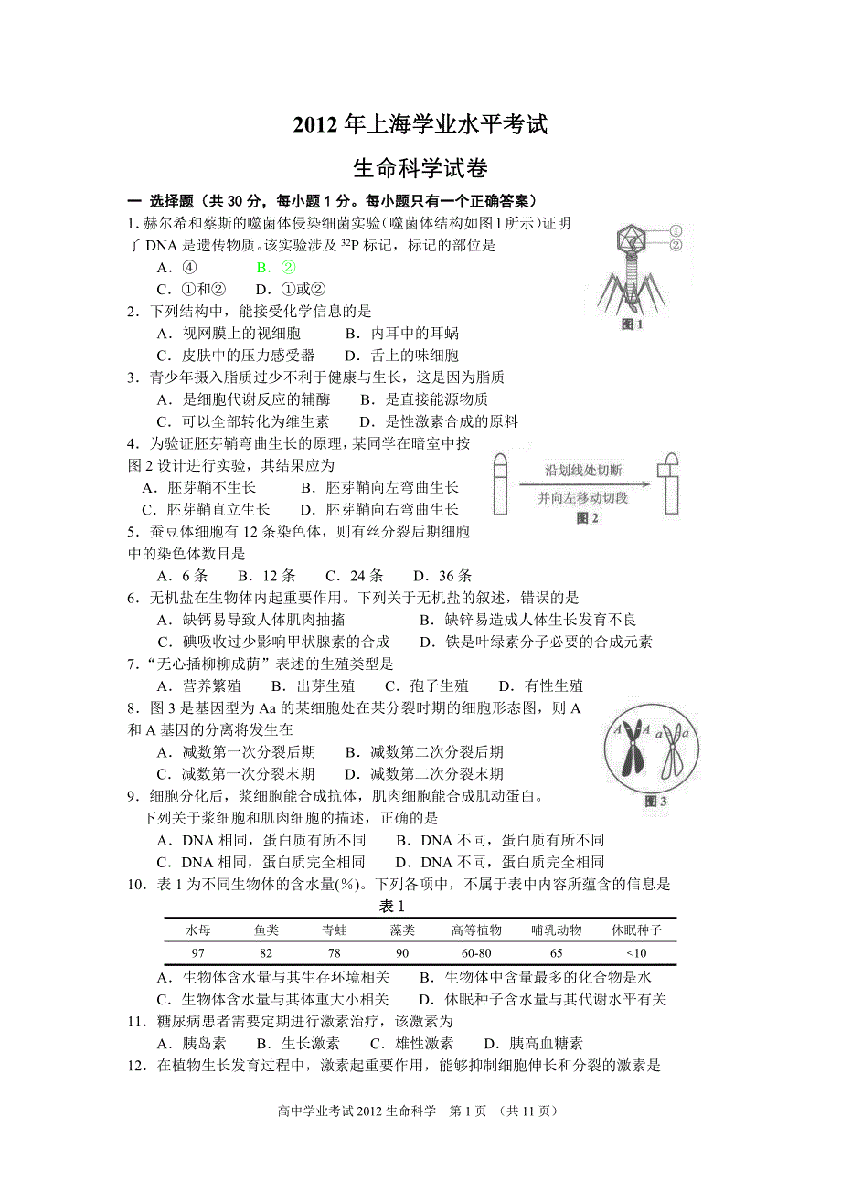 2012上海学业水平考试生命科学试卷(含答案)_第1页