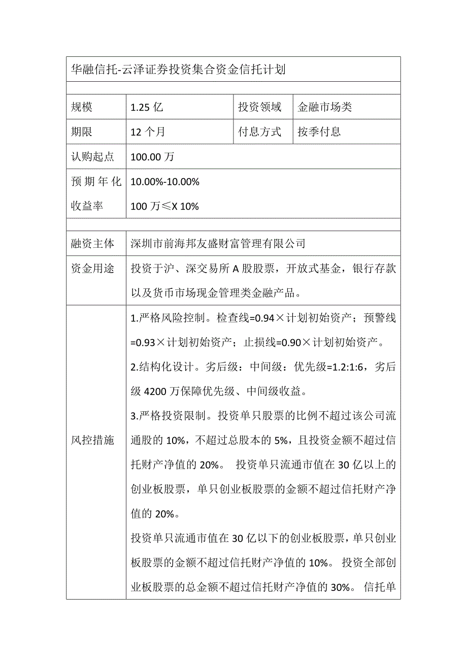 华融信托-云泽证券投资集合资金信托计划_第1页