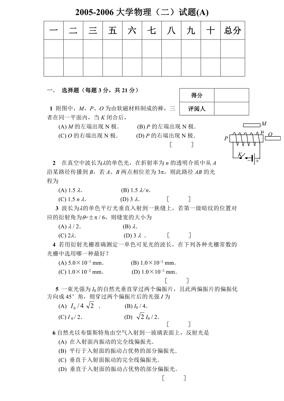 2006大学物理(II)A卷物理学马文蔚郑州大学_第1页